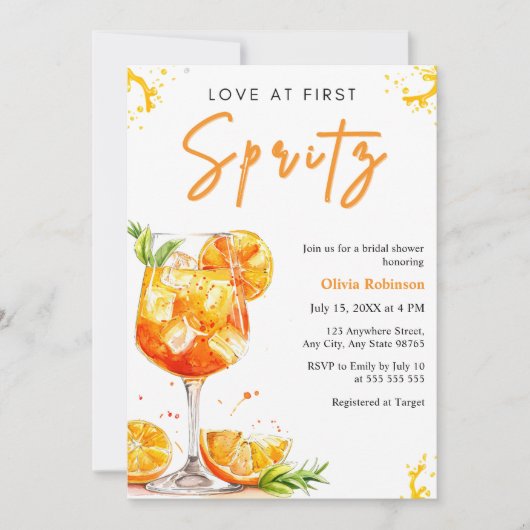 Orange Cocktail Love at First Spritz Bridal Shower 招待状 (正面)