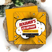 Orange Comic Superhero Pop Art Kids 6th Birthday 招待状