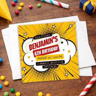 Orange Comic Superhero Pop Art Kids 6th Birthday 招待状