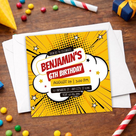 Orange Comic Superhero Pop Art Kids 6th Birthday 招待状