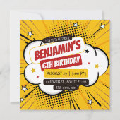 Orange Comic Superhero Pop Art Kids 6th Birthday 招待状 (正面)