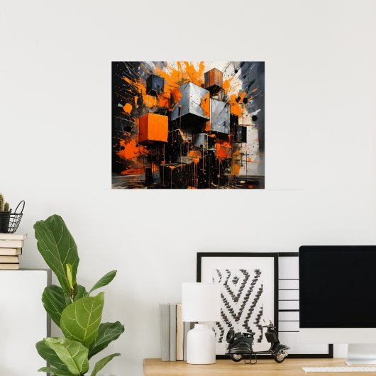 Orange Cubes Explosion Geometric Abstract ポスター (ホームオフィス)