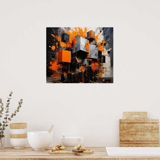 Orange Cubes Explosion Geometric Abstract ポスター (キッチン)