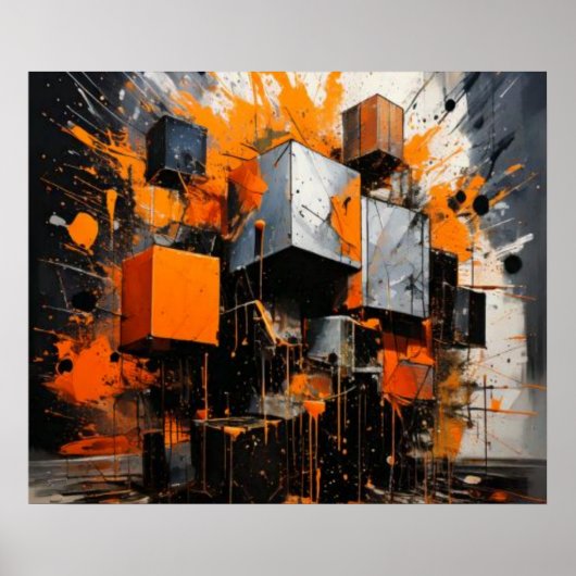 Orange Cubes Explosion Geometric Abstract ポスター (正面)