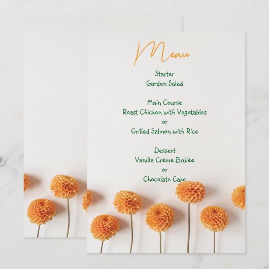 Orange Dahlia Wedding Menu – Warm Floral Elegance メニュー (正面/裏面)