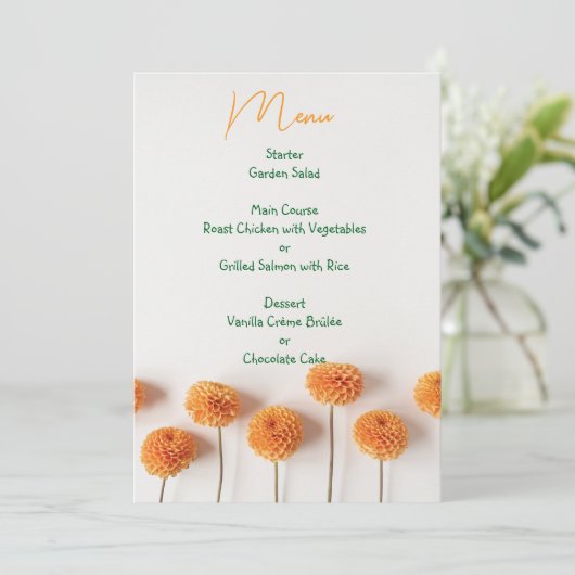 Orange Dahlia Wedding Menu – Warm Floral Elegance メニュー (スタンド正面)