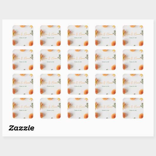Orange Dahlia Wedding Stickers – Warm Summer Flora スクエアシール (シート)