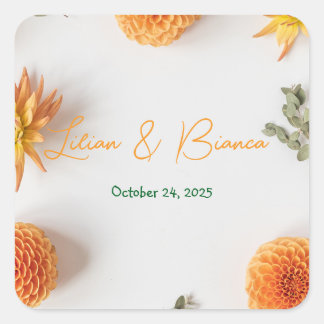 Orange Dahlia Wedding Stickers – Warm Summer Flora スクエアシール