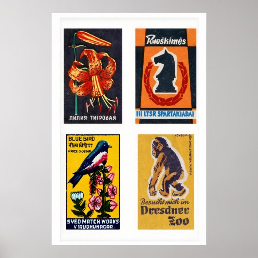 Orange & Dark Blue Matchbox Labels Grid Print ポスター (正面)