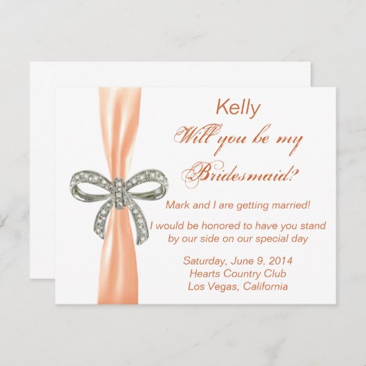 Orange Diamond Bow Wedding Bridesmaid Card 招待状 (正面/裏面)