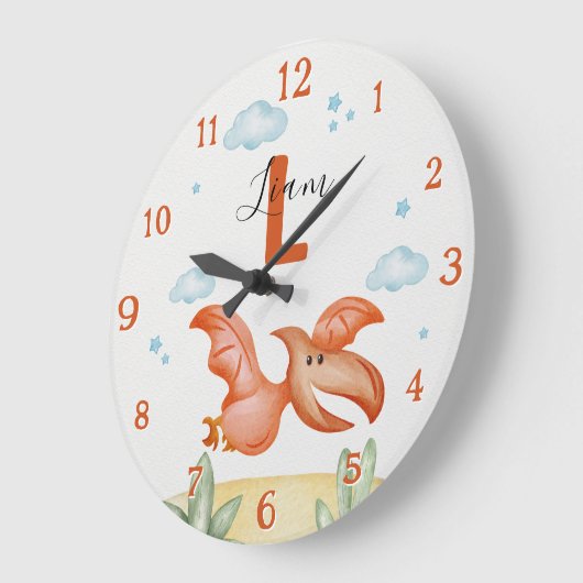 Orange Dinosaur Nursery Wall Clock Personalized ラージ壁時計 (傾斜)