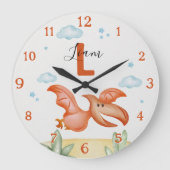 Orange Dinosaur Nursery Wall Clock Personalized ラージ壁時計 (正面)