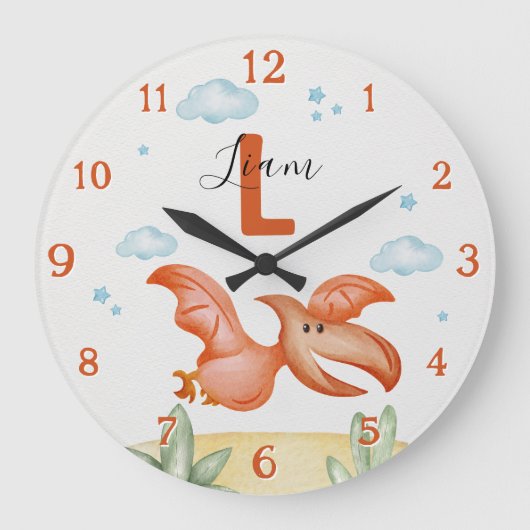 Orange Dinosaur Nursery Wall Clock Personalized ラージ壁時計 (正面)