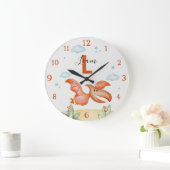 Orange Dinosaur Nursery Wall Clock Personalized ラージ壁時計 (ホーム)
