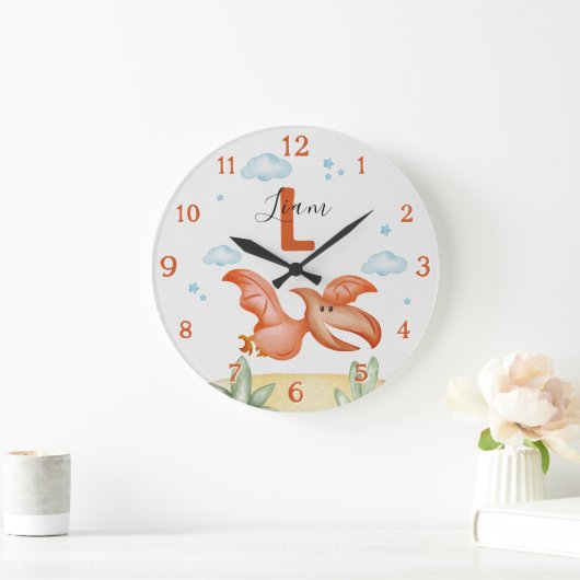 Orange Dinosaur Nursery Wall Clock Personalized ラージ壁時計 (ホーム)