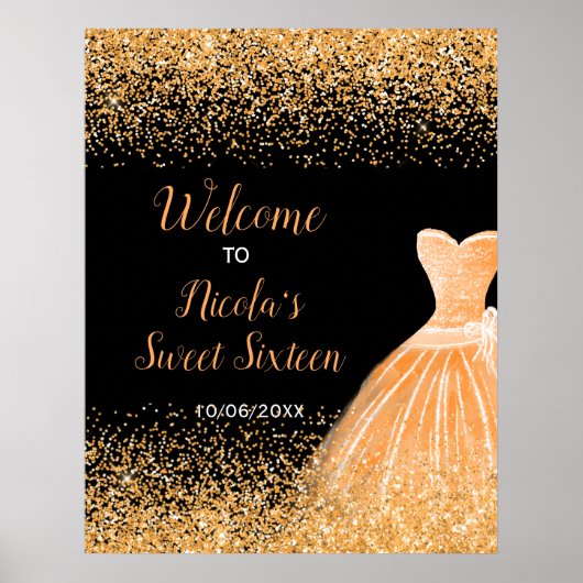 Orange Dress Faux Glitter Sweet 16 Welcome ポスター (正面)