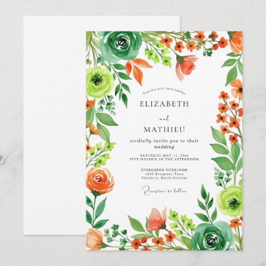 Orange Emerald Green Sparkling Spring Wedding 招待状 (正面/裏面)