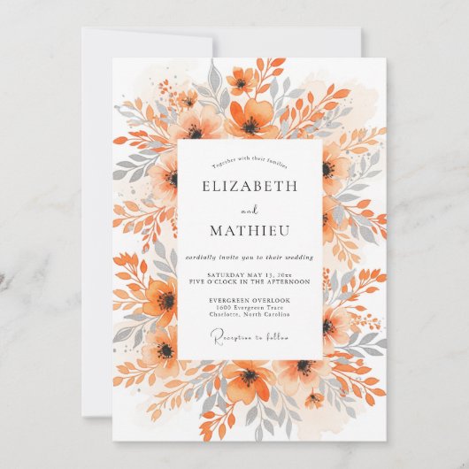 Orange Exquisite Watercolor Wedding 招待状 (正面)