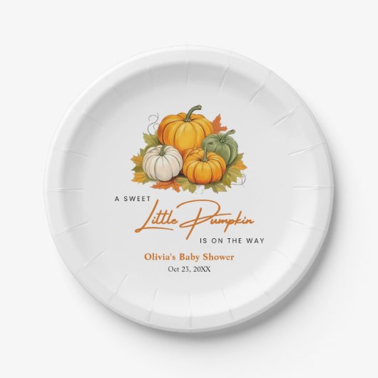 Orange Fall Autumn A Little Pumpkin Baby Shower  ペーパープレート (正面)