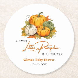 Orange Fall Autumn A Little Pumpkin Baby Shower  ラウンドペーパーコースター