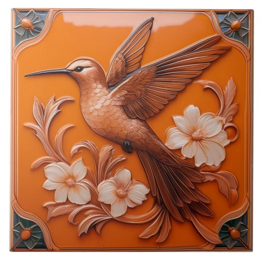 Orange faux relief Art Nouveau Hummingbird L タイル (正面)