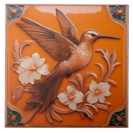 Orange faux relief Art Nouveau Hummingbird R タイル
