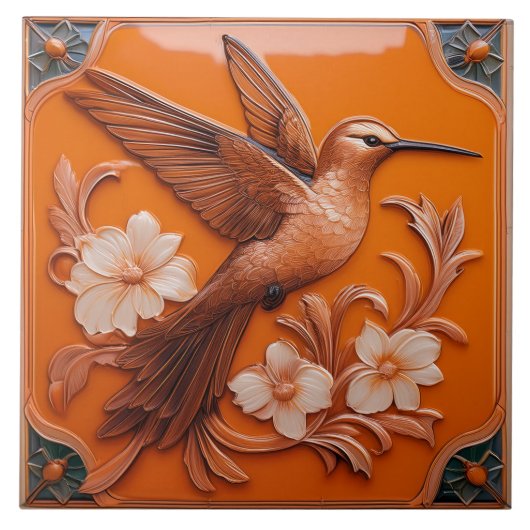 Orange faux relief Art Nouveau Hummingbird R タイル (正面)