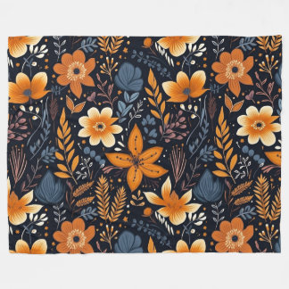 Orange Floral Boho Autumn Fall Black フリースブランケット