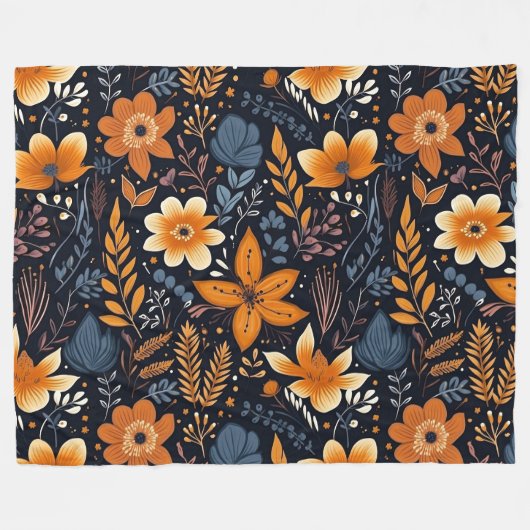 Orange Floral Boho Autumn Fall Black フリースブランケット (正面(横))