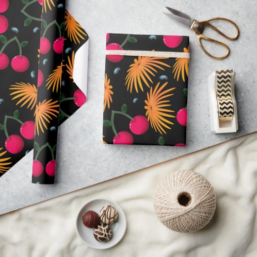 Orange Floral Cherry Pattern ラッピングペーパー (クラフト)