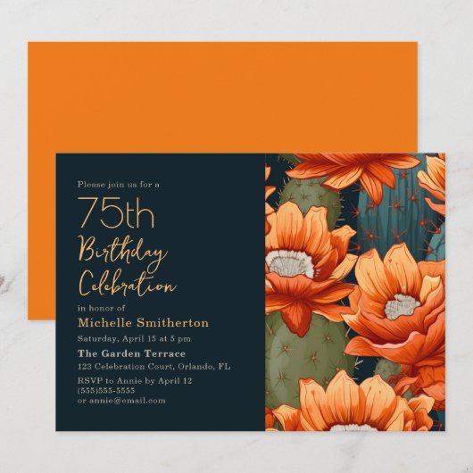 Orange Floral Green Cactus Navy 75th Birthday  招待状 (正面/裏面)