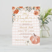 Orange Floral Little Pumpkin Gingham Baby Shower 招待状 (スタンド正面)