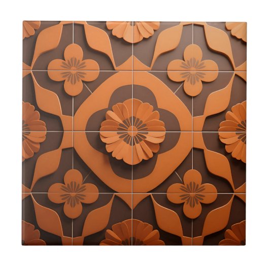 Orange Floral Medallion Geometric Tile Pattern タイル (正面)