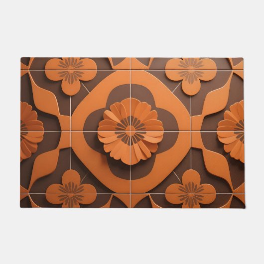 Orange Floral Medallion Geometric Tile Pattern ドアマット (正面)
