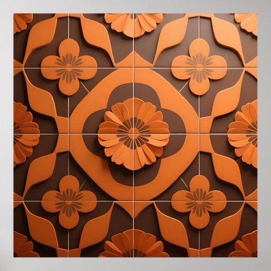 Orange Floral Medallion Geometric Tile Pattern ポスター (正面)