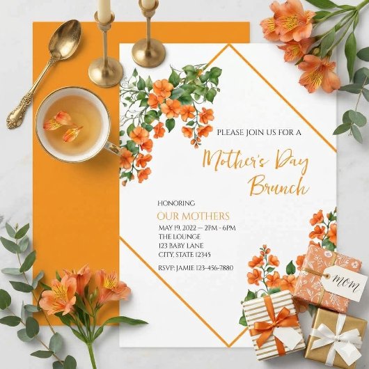 Orange Floral Mother's Day Brunch Invitation 招待状