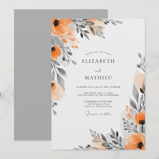 Orange Floral Painterly Wedding 招待状 (正面/裏面)
