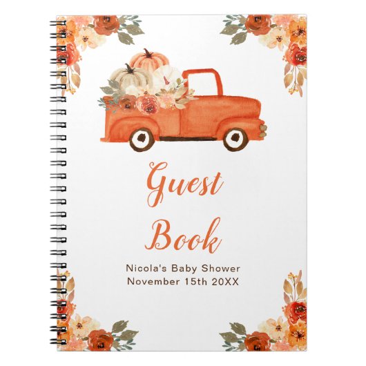 Orange Floral Pumpkin Truck Baby Shower Guest Book ノートブック (正面)