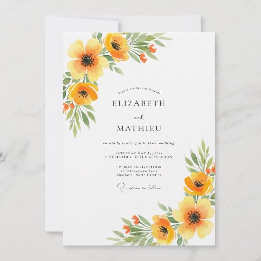 Orange Floral Spring Wedding 招待状 (正面)