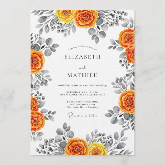 Orange Floral Watercolor Romance Wedding 招待状 (正面)