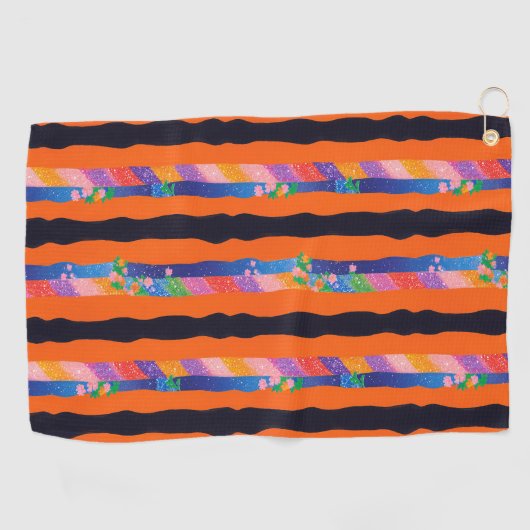 Orange Floral Wavy Stripe Pattern ゴルフタオル (横)