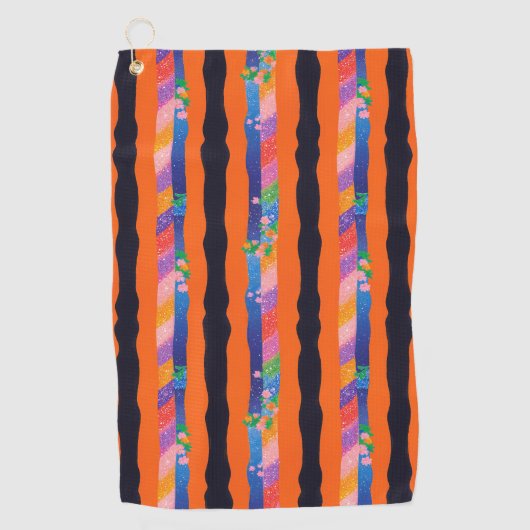 Orange Floral Wavy Stripe Pattern ゴルフタオル (正面)