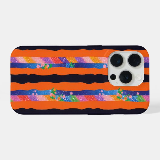 Orange Floral Wavy Stripe Pattern iPhoneケース (裏面横)