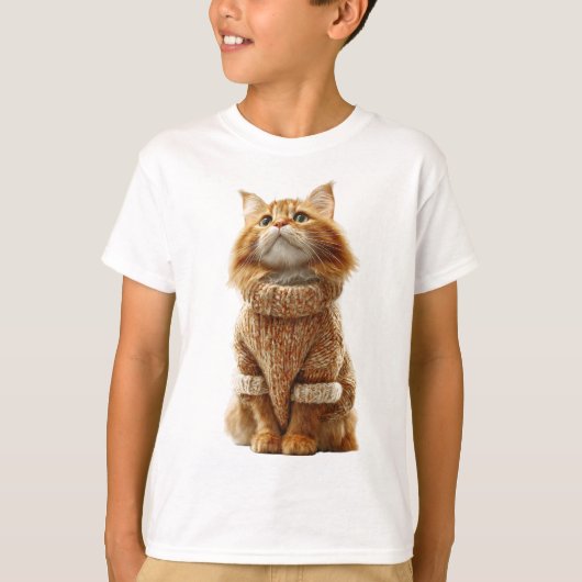 Orange Ginger Fluffy Cat in Knit Sweater Kids Tシャツ (正面)
