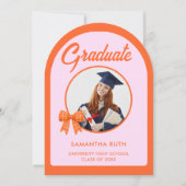 Orange Gingham Bow Arch Photo Graduation Party 招待状 (正面)