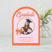 Orange Gingham Bow Arch Photo Graduation Party 招待状 (スタンド正面)