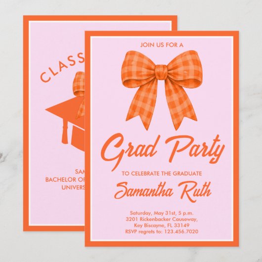 Orange Gingham Bow Graduation Party 招待状 (正面/裏面)