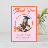 Orange Gingham Bow Photo Graduation サンキューカード (スタンド正面)