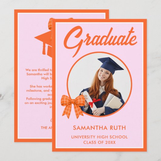 Orange Gingham Bow Photo Graduation Announcement 案内状 (正面/裏面)