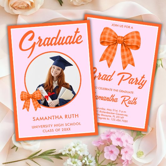 Orange Gingham Bow Photo Graduation Party 招待状